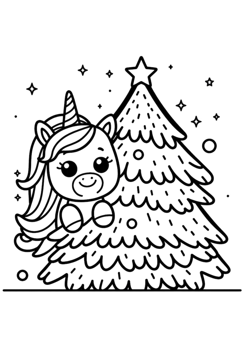 May include: A black and white line drawing of a unicorn peeking out from behind a Christmas tree. The unicorn has a star on its head and the Christmas tree has a star on top.
