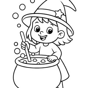 Pu&ograve; includere: Illustrazione in bianco e nero di una strega dei cartoni animati che mescola un calderone. La strega indossa un cappello a punta con una stella e un vestito. Bolle fluttuano intorno al calderone, suggerendo una pozione. Immagine a tema Halloween.