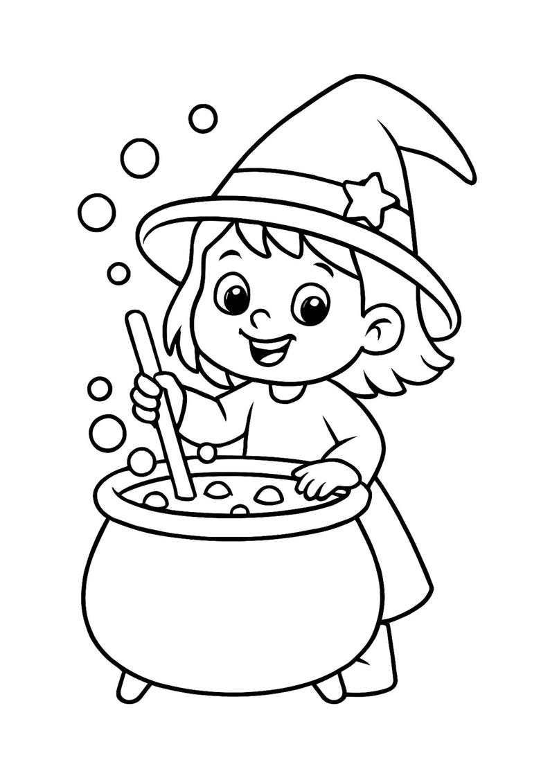 Pu&ograve; includere: Illustrazione in bianco e nero di una strega dei cartoni animati che mescola un calderone. La strega indossa un cappello a punta con una stella e un vestito. Bolle fluttuano intorno al calderone, suggerendo una pozione. Immagine a tema Halloween.