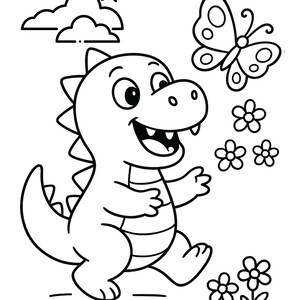 May include: Black and white line art illustration of a cartoon dinosaur with a smiling face, walking towards the right. A butterfly, sun, clouds, and flowers are also depicted in the image.