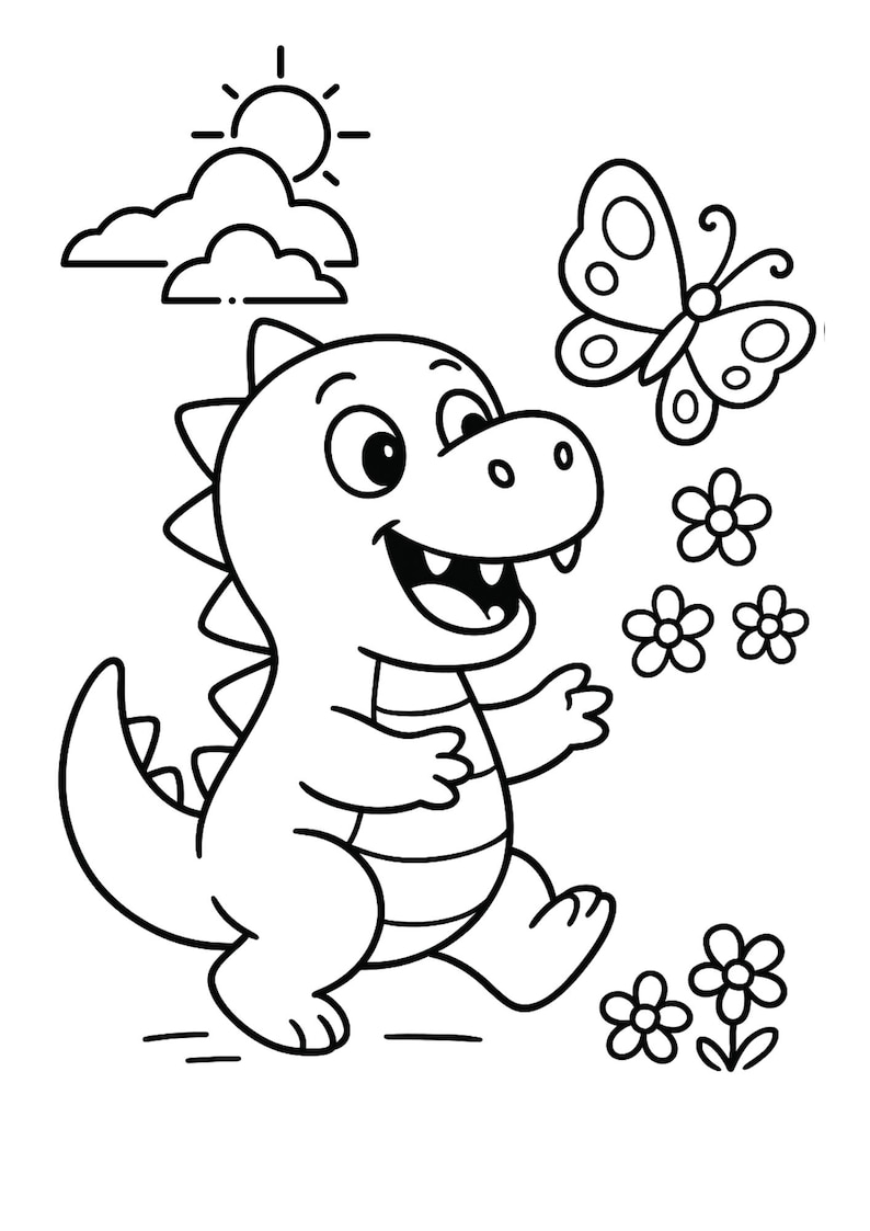 May include: Black and white line art illustration of a cartoon dinosaur with a smiling face, walking towards the right. A butterfly, sun, clouds, and flowers are also depicted in the image.