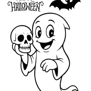 May include: Black and white cartoon illustration featuring a smiling ghost holding a skull. A bat silhouette flies above the ghost, and the words "Happy Halloween" are written in a spooky font.