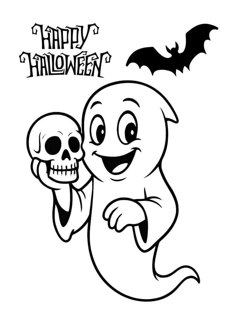 Pu&ograve; includere: Illustrazione a fumetti in bianco e nero di un fantasma sorridente che tiene in mano un teschio. Una silhouette di pipistrello vola sopra il fantasma, con la scritta "Happy Halloween" in un font spettrale.