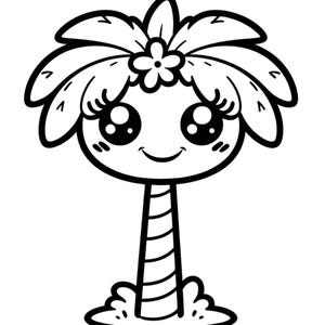 May include: A black and white cartoon illustration of a smiling palm tree with large eyes and a flower on its head. The tree trunk has striped detailing, and the base has a cloud-like shape.
