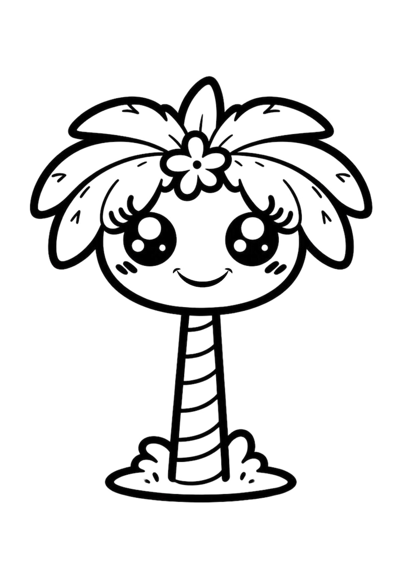 May include: A black and white cartoon illustration of a smiling palm tree with large eyes and a flower on its head. The tree trunk has striped detailing, and the base has a cloud-like shape.