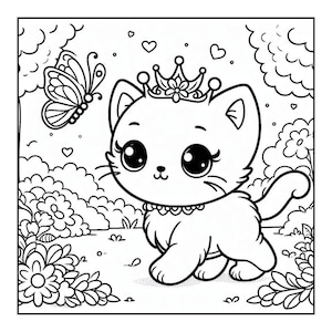 May include: Black and white illustration of a cute kitten wearing a crown and a pearl necklace. A butterfly and hearts are in the background. The kitten is in a garden setting with flowers and clouds.