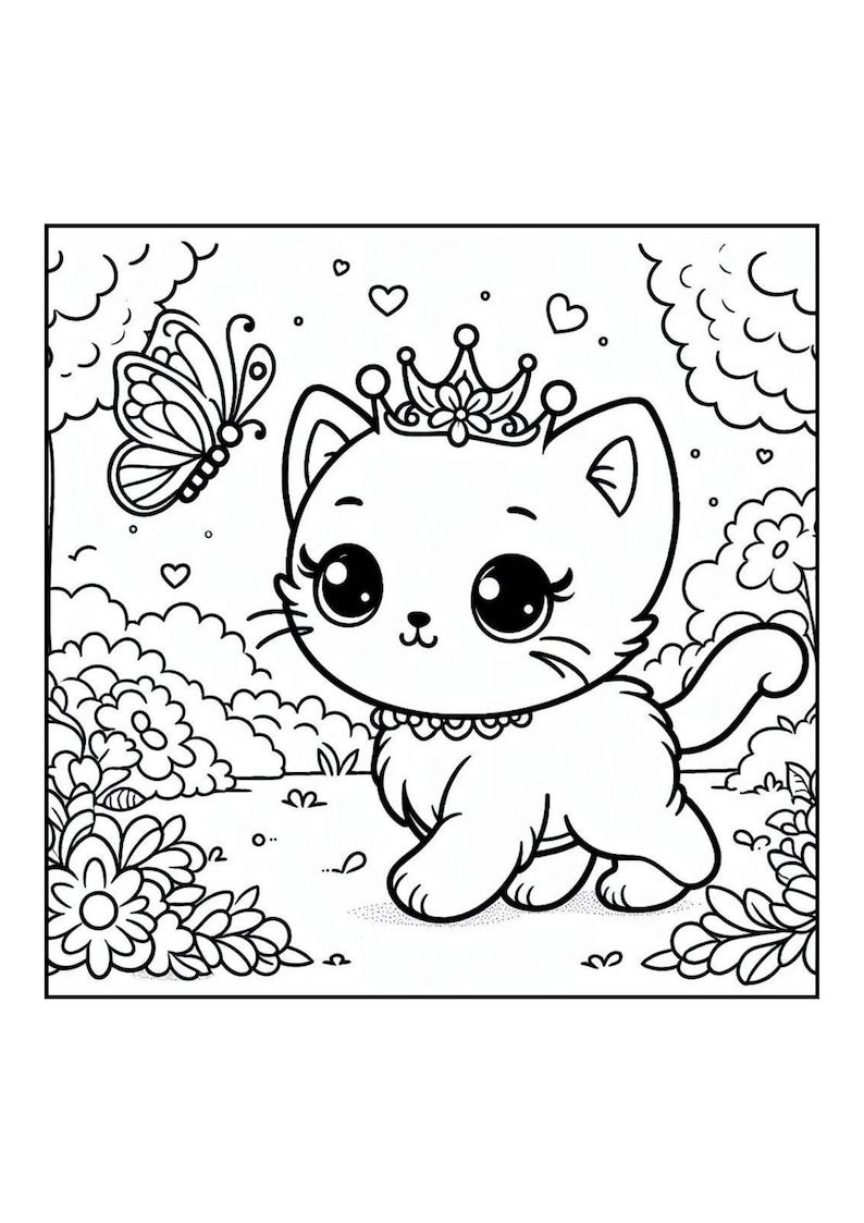 May include: Black and white illustration of a cute kitten wearing a crown and a pearl necklace. A butterfly and hearts are in the background. The kitten is in a garden setting with flowers and clouds.