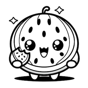 May include: A black and white cartoon illustration of a smiling watermelon character. The watermelon has large eyes, a happy mouth, and is holding a slice of watermelon with a bite taken out of it. Two star shapes are on either side of the watermelon.