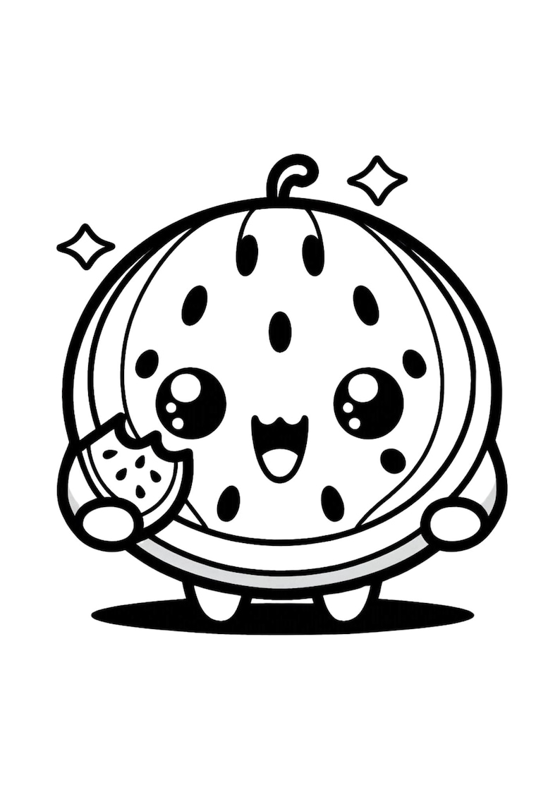 May include: A black and white cartoon illustration of a smiling watermelon character. The watermelon has large eyes, a happy mouth, and is holding a slice of watermelon with a bite taken out of it. Two star shapes are on either side of the watermelon.