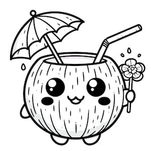 May include: Black and white illustration of a smiling coconut drink with a straw, tiny umbrella, and a flower. The coconut has large eyes and a cute expression, perfect for tropical-themed designs.