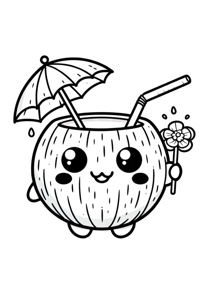 May include: Black and white illustration of a smiling coconut drink with a straw, tiny umbrella, and a flower. The coconut has large eyes and a cute expression, perfect for tropical-themed designs.