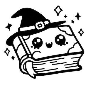 May include: A black and white illustration of a book wearing a witch's hat with a buckle. The book has large eyes and a smiling mouth. There are stars around the book.