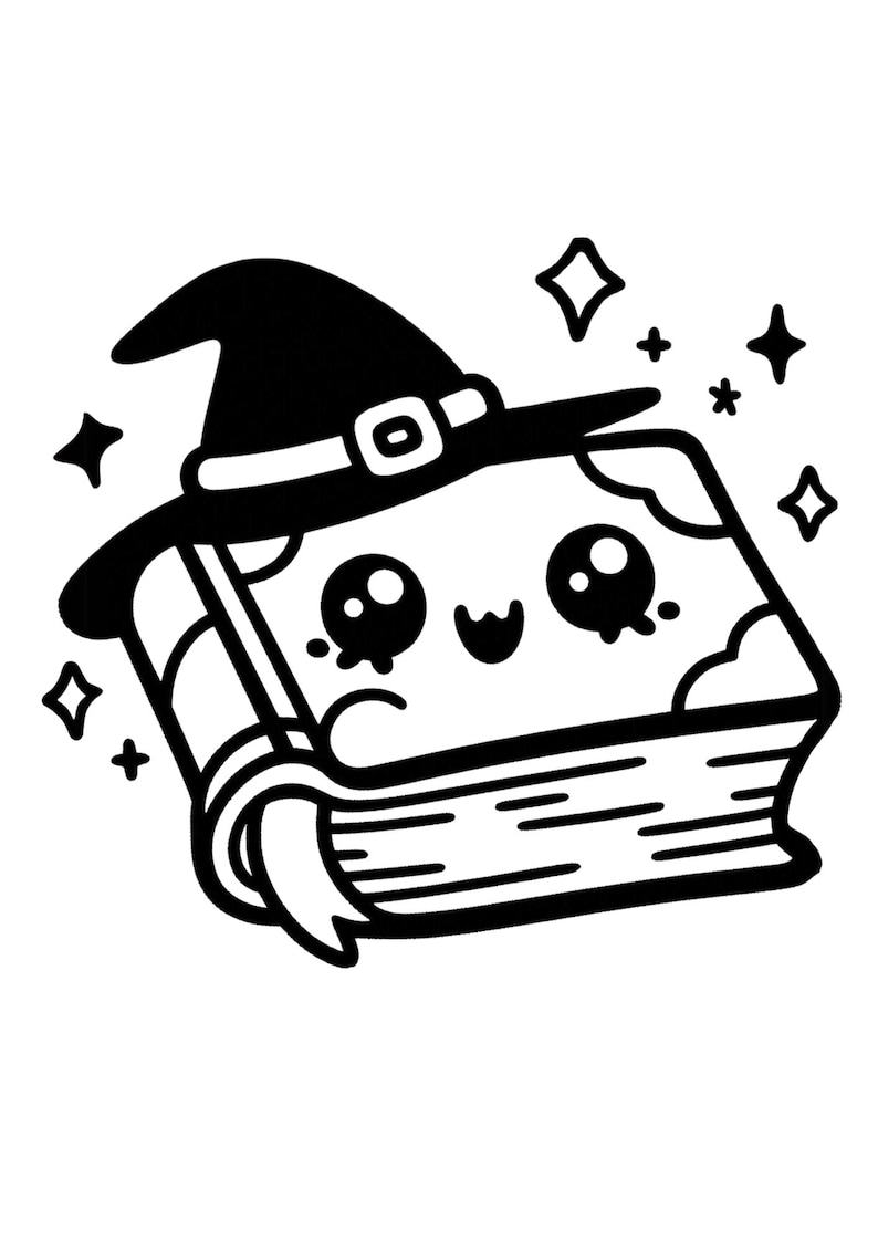 May include: A black and white illustration of a book wearing a witch's hat with a buckle. The book has large eyes and a smiling mouth. There are stars around the book.