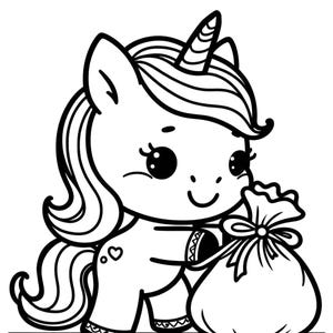 May include: A black and white line drawing of a unicorn carrying a large sack with a bow on top. The unicorn has a horn, a mane, and a tail. The unicorn is smiling.