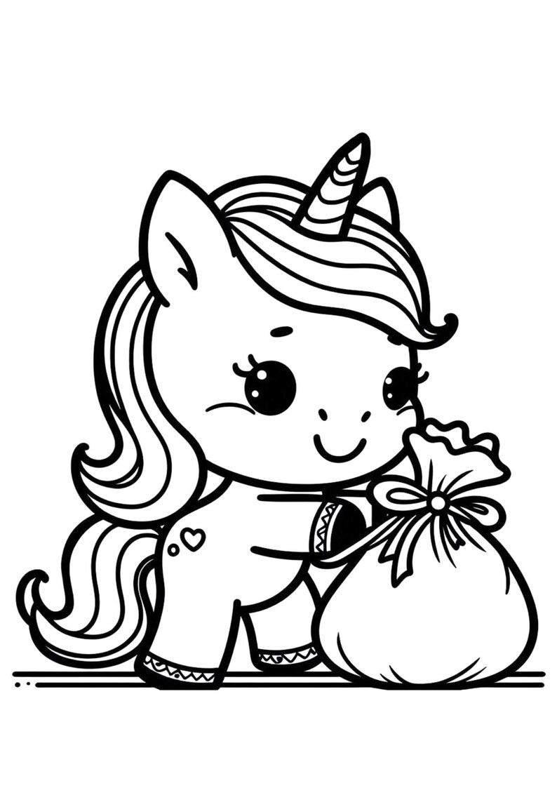 May include: A black and white line drawing of a unicorn carrying a large sack with a bow on top. The unicorn has a horn, a mane, and a tail. The unicorn is smiling.