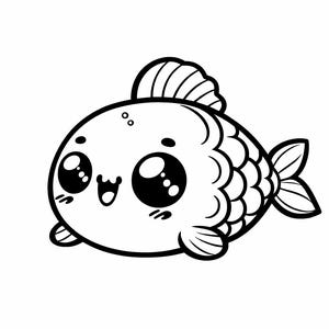 May include: A black and white cartoon illustration of a cute fish with large, expressive eyes and a smiling mouth. The fish has a rounded body, scaled details, and a small fin on top. The image is on a white background.