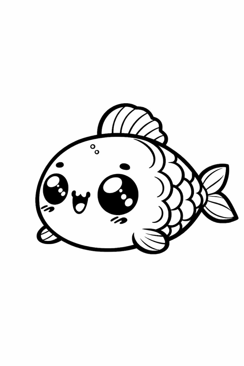 May include: A black and white cartoon illustration of a cute fish with large, expressive eyes and a smiling mouth. The fish has a rounded body, scaled details, and a small fin on top. The image is on a white background.