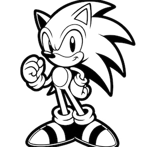 May include: A black and white line drawing of Sonic the Hedgehog, a popular video game character. He is standing with his arms crossed and has a determined expression on his face.