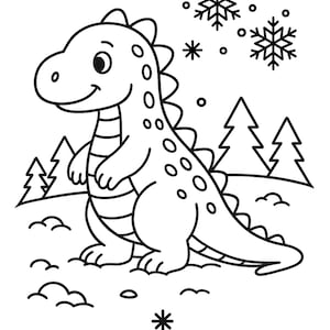 May include: A black and white illustration of a cartoon dinosaur in a winter scene. The dinosaur has a friendly expression and is surrounded by snowflakes and pine trees. The image is suitable for coloring.