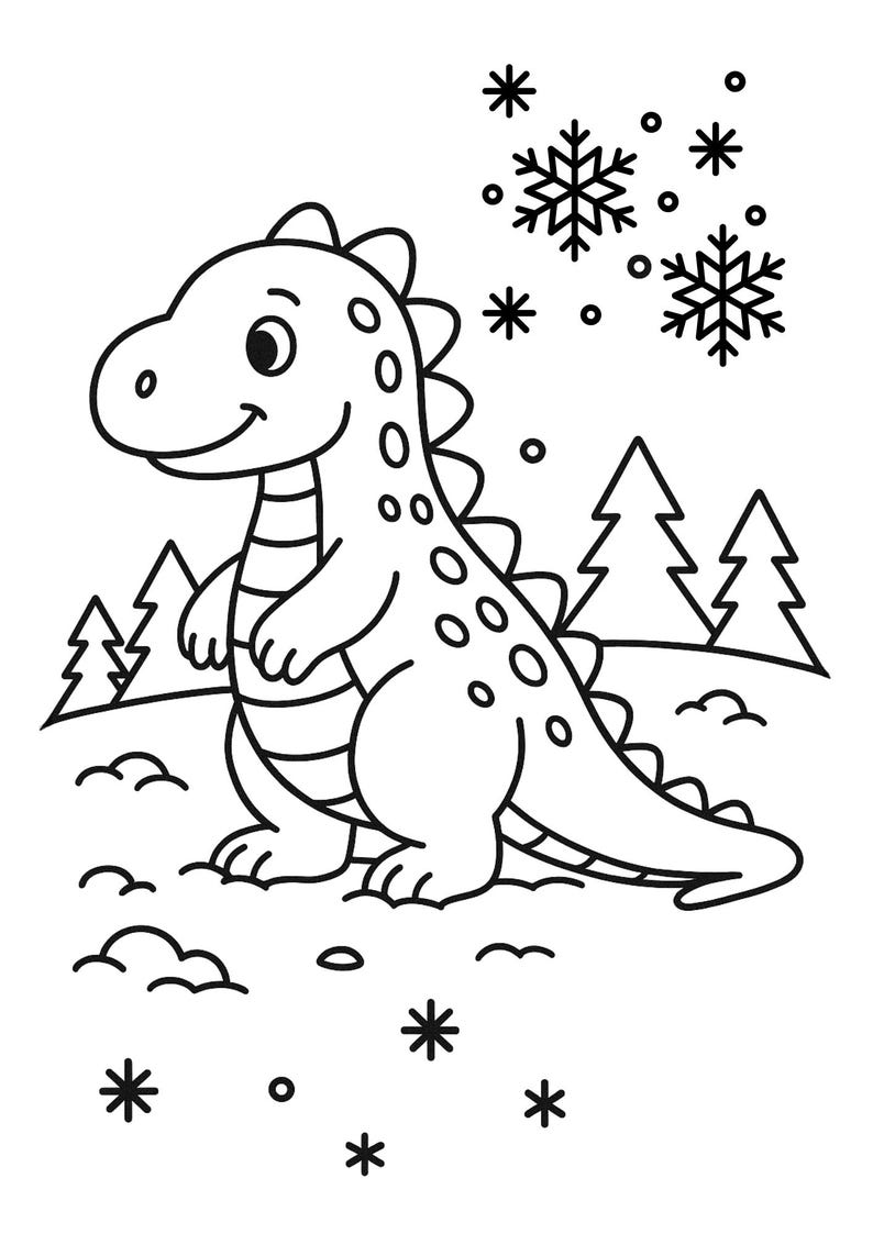 May include: A black and white illustration of a cartoon dinosaur in a winter scene. The dinosaur has a friendly expression and is surrounded by snowflakes and pine trees. The image is suitable for coloring.