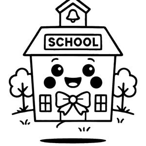 Può includere: Illustrazione a fumetti in bianco e nero di una scuola con un volto sorridente, un papillon e la scritta "SCHOOL" sul tetto. La scuola ha due finestre, una campana ed è circondata da alberi ed erba.