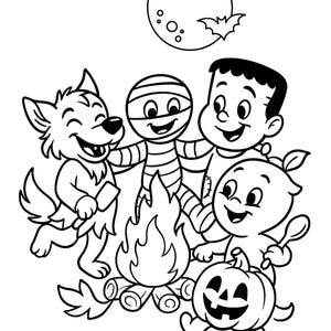 Pu&ograve; includere: Illustrazione in bianco e nero di una scena di Halloween. Un lupo mannaro, una mummia, il mostro di Frankenstein e un personaggio di zucca sono riuniti attorno a un fal&ograve;. Una luna piena e un pipistrello sullo sfondo.