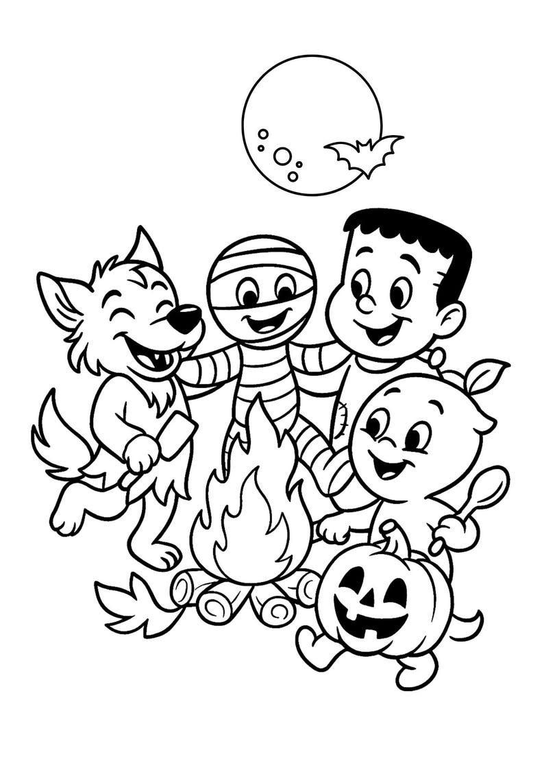 Pu&ograve; includere: Illustrazione in bianco e nero di una scena di Halloween. Un lupo mannaro, una mummia, il mostro di Frankenstein e un personaggio di zucca sono riuniti attorno a un fal&ograve;. Una luna piena e un pipistrello sullo sfondo.