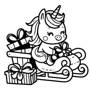 May include: A black and white line drawing of a unicorn pulling a sleigh full of presents. The unicorn is smiling and has a horn with stripes. The sleigh has a curved design and is filled with wrapped gifts.