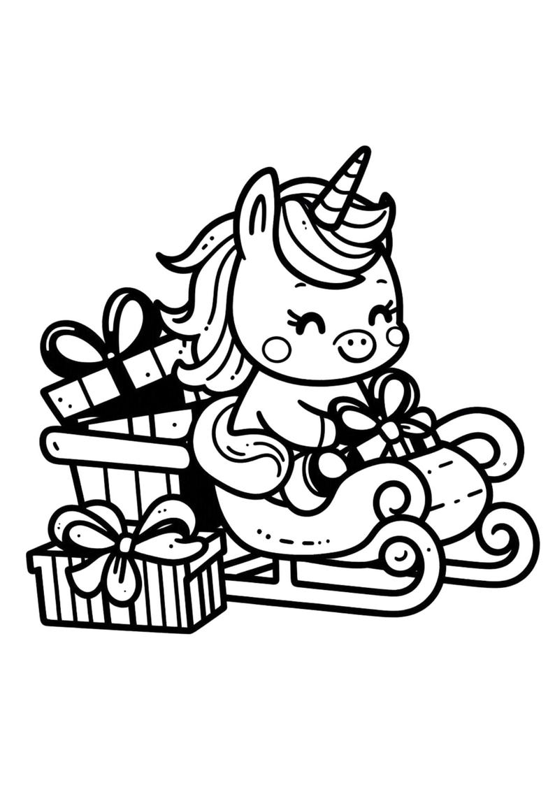 May include: A black and white line drawing of a unicorn pulling a sleigh full of presents. The unicorn is smiling and has a horn with stripes. The sleigh has a curved design and is filled with wrapped gifts.