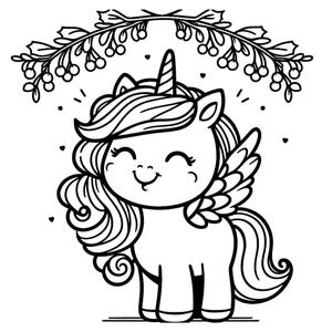 May include: A black and white line drawing of a cute unicorn with a horn, wings, and a curly mane. The unicorn is smiling and has its eyes closed. The unicorn is standing in front of a wreath of berries.