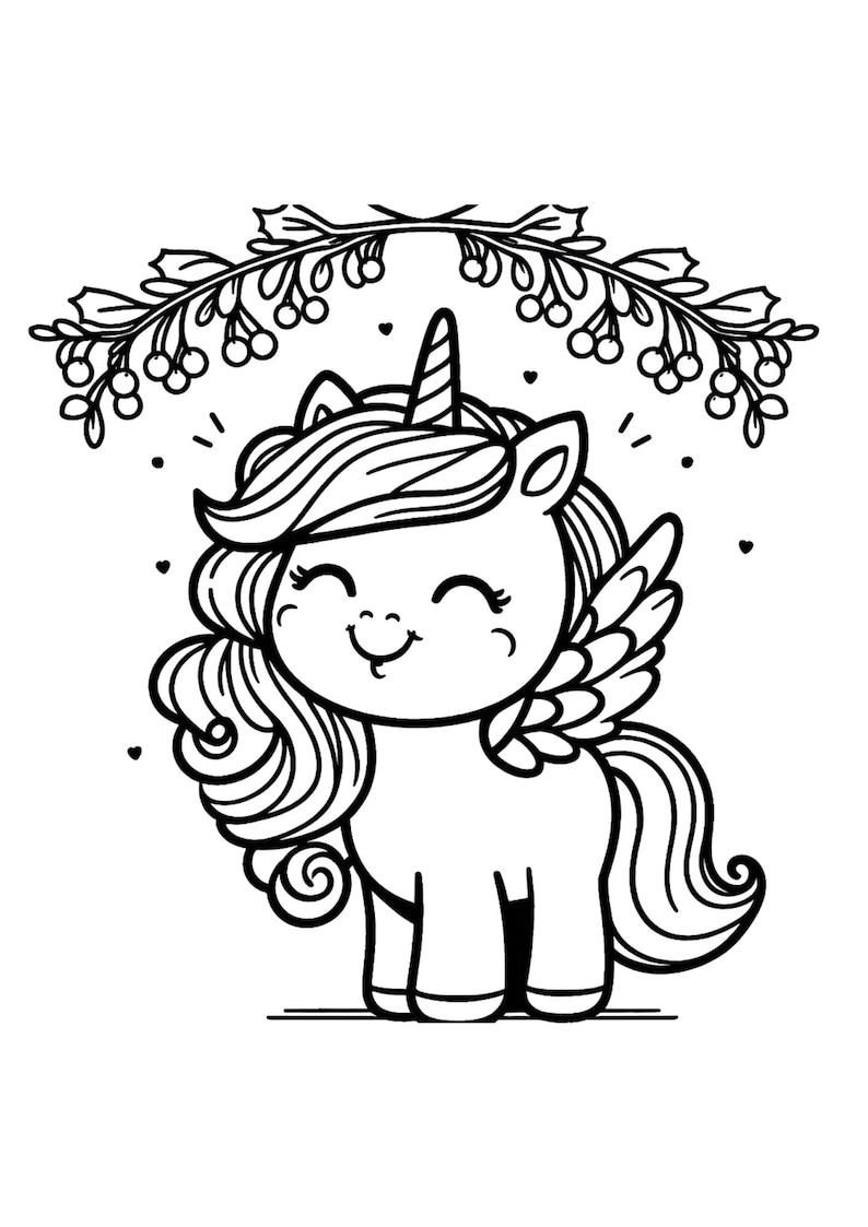 May include: A black and white line drawing of a cute unicorn with a horn, wings, and a curly mane. The unicorn is smiling and has its eyes closed. The unicorn is standing in front of a wreath of berries.