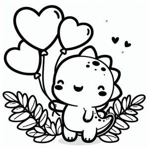 May include: A black and white line drawing of a cute cartoon dinosaur holding three heart-shaped balloons. The dinosaur is smiling and has a small tail. The dinosaur is surrounded by leaves.