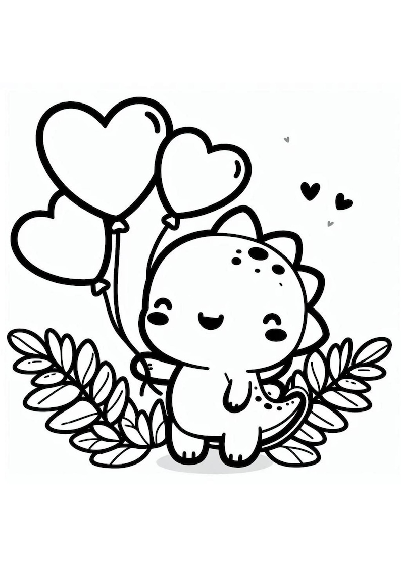 May include: A black and white line drawing of a cute cartoon dinosaur holding three heart-shaped balloons. The dinosaur is smiling and has a small tail. The dinosaur is surrounded by leaves.