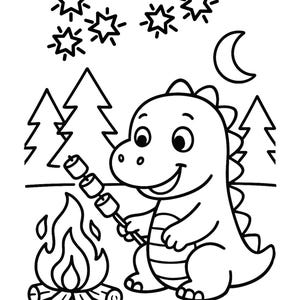 May include: Black and white illustration of a friendly dinosaur roasting marshmallows over a campfire. The scene includes trees, stars, and a crescent moon, creating a camping theme.