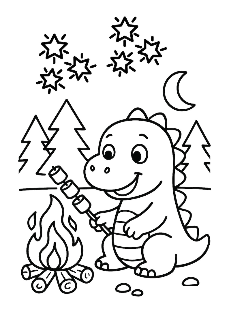 May include: Black and white illustration of a friendly dinosaur roasting marshmallows over a campfire. The scene includes trees, stars, and a crescent moon, creating a camping theme.