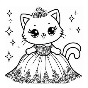 May include: Black and white illustration of a cartoon cat wearing a princess dress and tiara. The cat has large eyes and whiskers, with star shapes around it. The dress has a heart-shaped bodice and a detailed skirt.