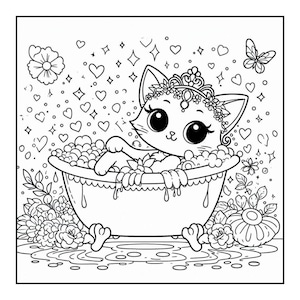 May include: A black and white illustration of a cute cat in a bathtub filled with bubbles. The cat wears a crown and is surrounded by hearts, flowers, and a butterfly. The image is a coloring page.