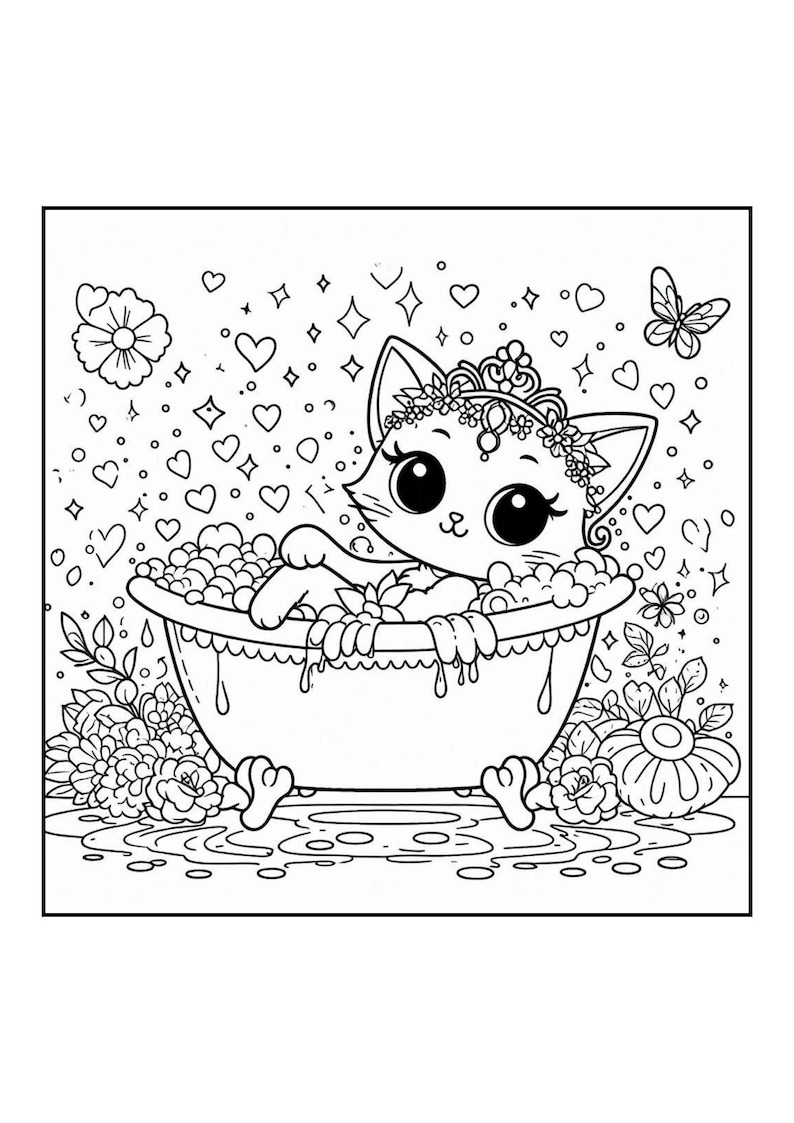 May include: A black and white illustration of a cute cat in a bathtub filled with bubbles. The cat wears a crown and is surrounded by hearts, flowers, and a butterfly. The image is a coloring page.