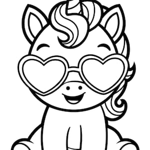 May include: A black and white line drawing of a unicorn wearing heart-shaped sunglasses. The unicorn is sitting with its legs crossed and has a happy expression on its face.