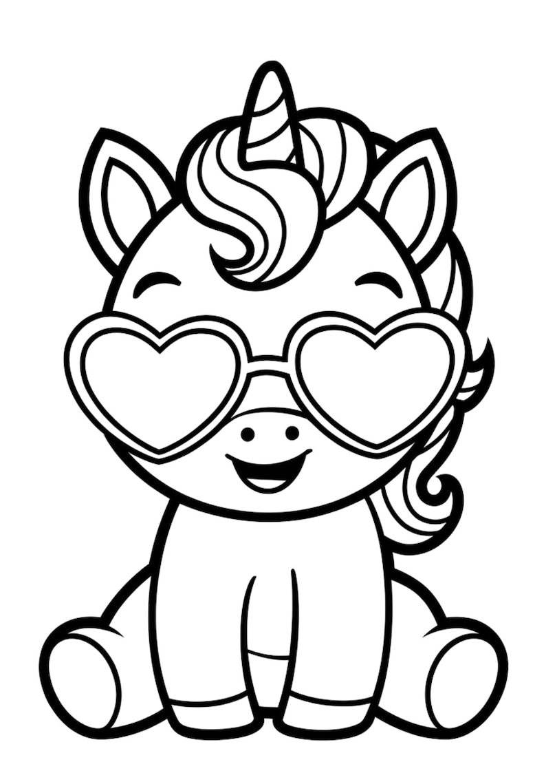 May include: A black and white line drawing of a unicorn wearing heart-shaped sunglasses. The unicorn is sitting with its legs crossed and has a happy expression on its face.