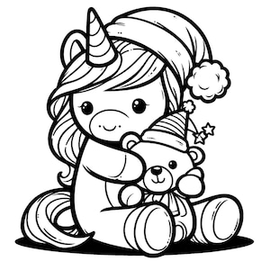 May include: A black and white line drawing of a unicorn wearing a Santa hat and holding a teddy bear wearing a party hat.