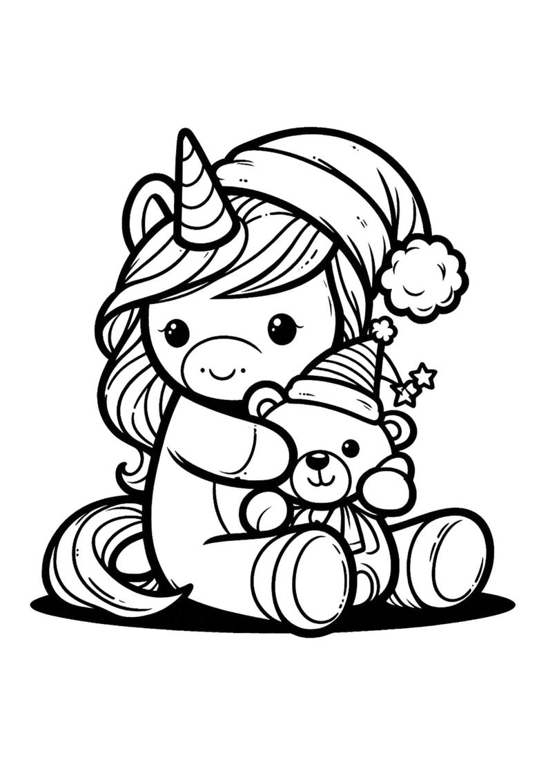 May include: A black and white line drawing of a unicorn wearing a Santa hat and holding a teddy bear wearing a party hat.