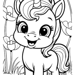 May include: A black and white line drawing of a cute cartoon unicorn with a curled horn, big eyes, and a happy expression. The unicorn is standing in a field of flowers.