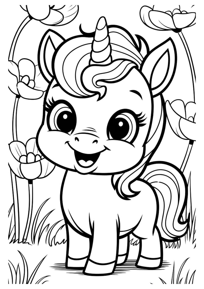 May include: A black and white line drawing of a cute cartoon unicorn with a curled horn, big eyes, and a happy expression. The unicorn is standing in a field of flowers.