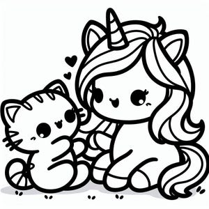 May include: A black and white line drawing of a cute unicorn with a long flowing mane and a cat with a striped tail. The unicorn is smiling and the cat is looking at the unicorn.