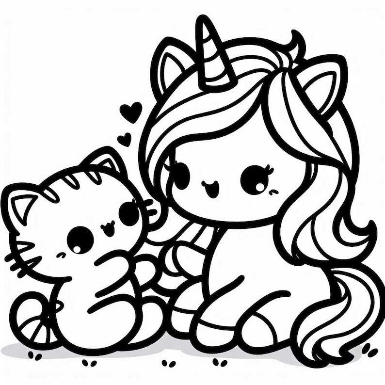 May include: A black and white line drawing of a cute unicorn with a long flowing mane and a cat with a striped tail. The unicorn is smiling and the cat is looking at the unicorn.