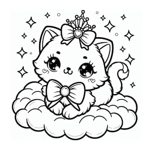 May include: A black and white illustration of a cute kitten wearing a crown and bows, sitting on a cloud. The kitten has large eyes and is surrounded by stars and diamonds.