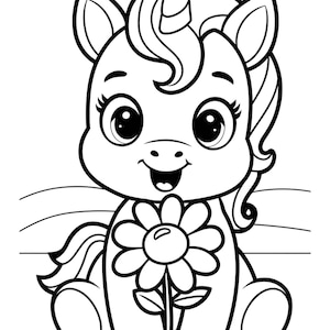 May include: A black and white line drawing of a cute unicorn holding a flower. The unicorn has a large horn and big eyes. The flower has a large center and many petals.