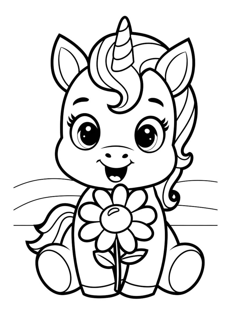 May include: A black and white line drawing of a cute unicorn holding a flower. The unicorn has a large horn and big eyes. The flower has a large center and many petals.