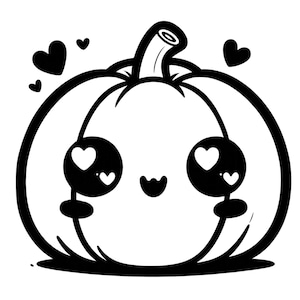 May include: A black and white line drawing of a cartoon pumpkin with a cute face and hearts around it.